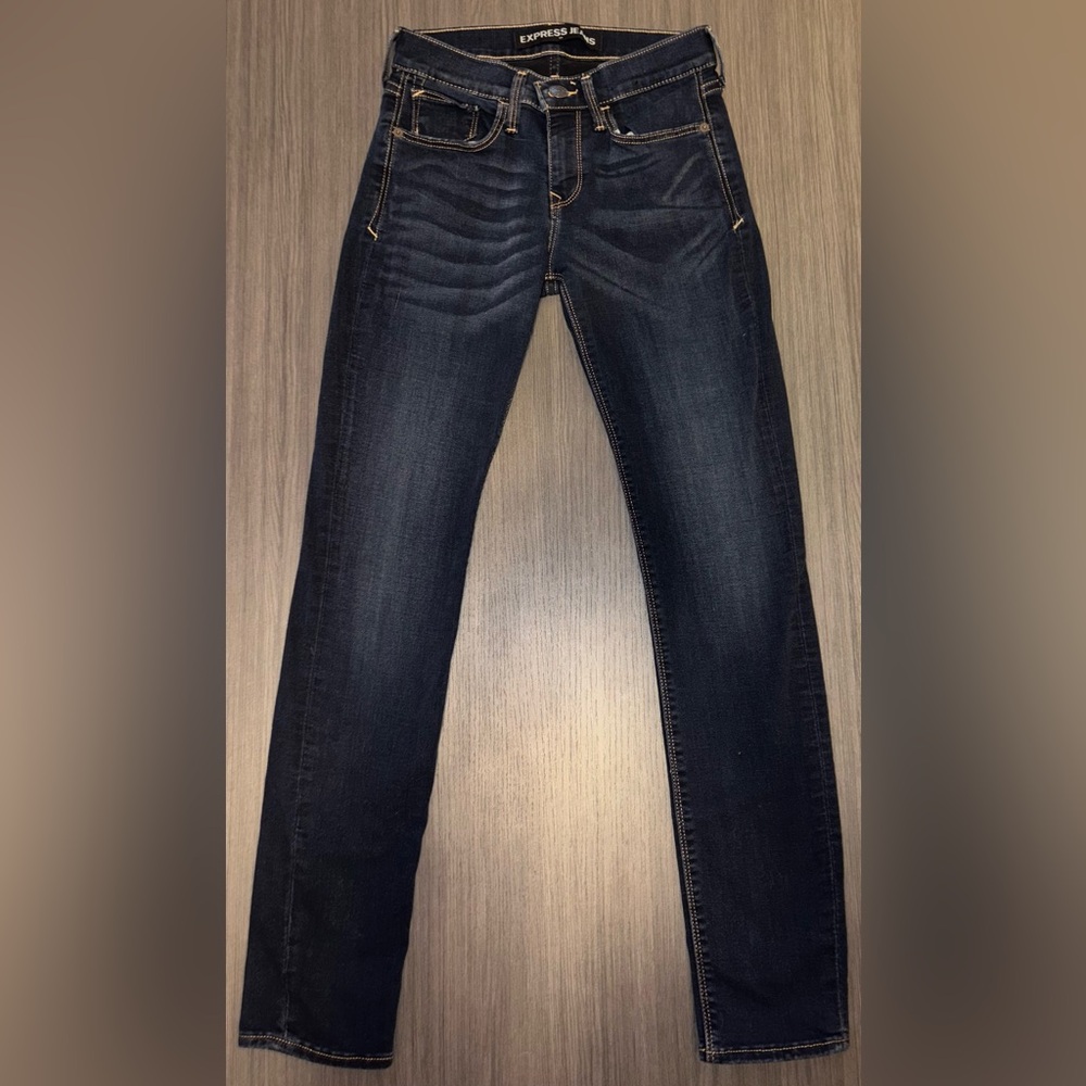 Express Dark Blue Straight Leg Jeans with Faded Effect Near Pockets